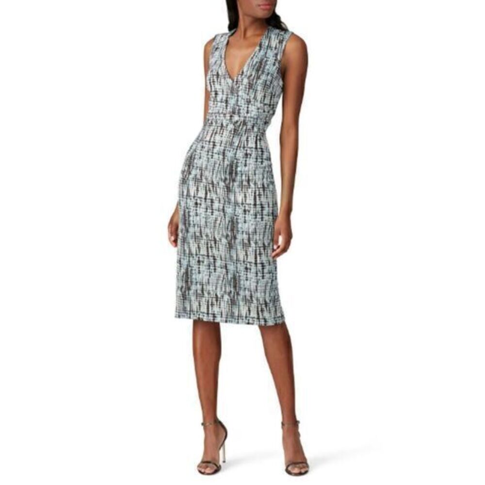 DIANE VON FURSTENBERG Blue and Black Printed Jacquard Anissa Sheath Dress